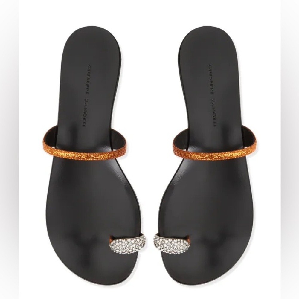 Giuseppe Zanotti  Orange Glitter Leather stone embellished Toe Ring Sandals 38.5